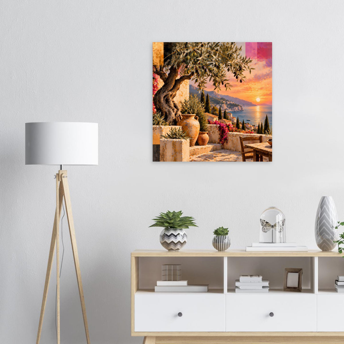 Poster mit Sonnenuntergang am Meer, Olivenbaum und mediterraner Terrasse mit Holzbänken