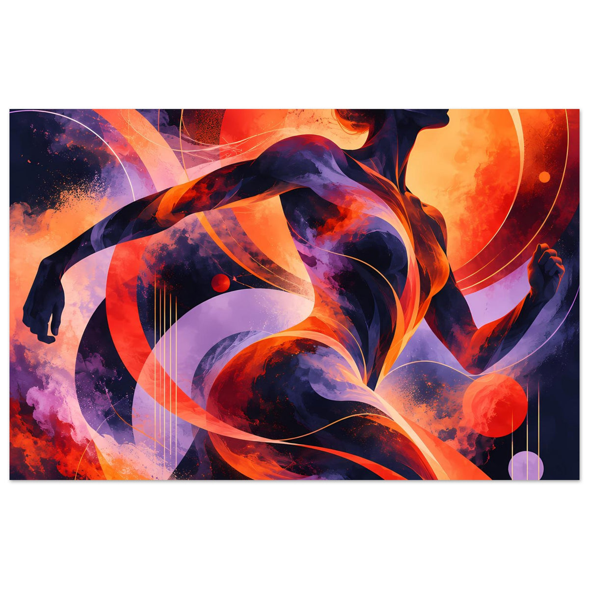 Horizontales Premium-Poster mit Feuer-Comicfrau und kleiner Silhouette, Wirbel in Rot/Lila/Blau.