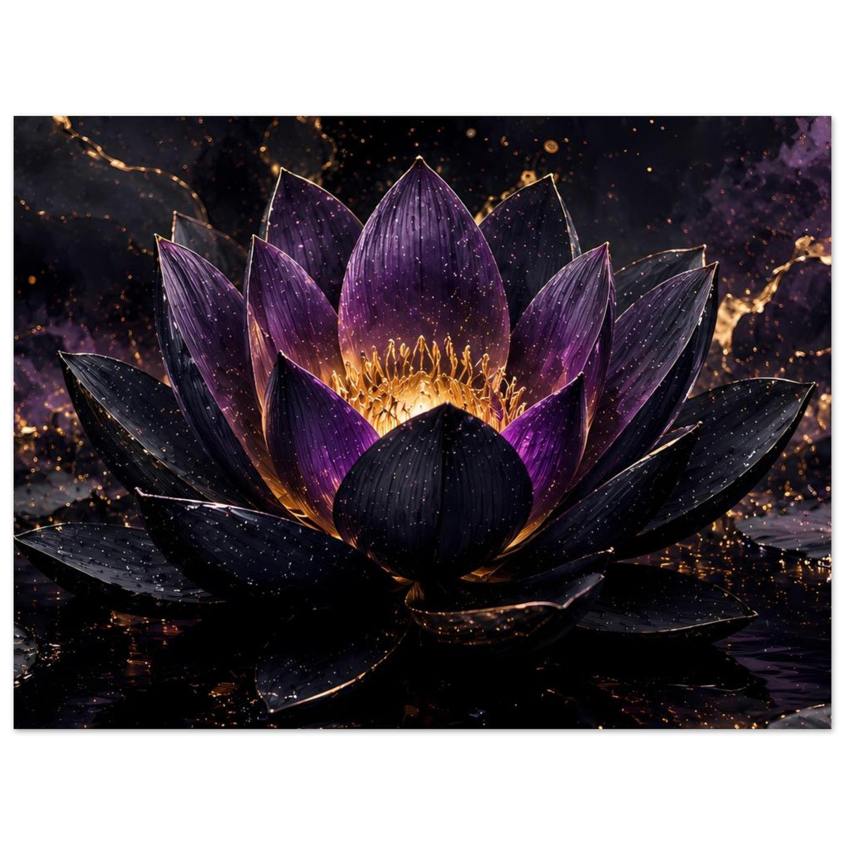 Poster mit violetter Lotusblüte, goldenen Staubfäden und dunklem Sternenmotiv.