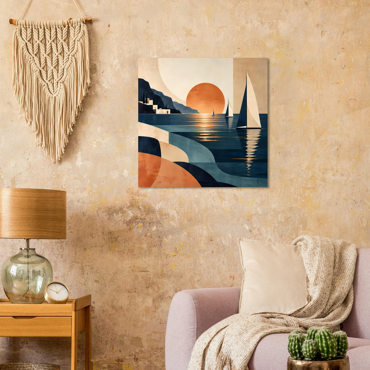 Querformat-Poster mit Sonnenuntergang, Segelboot und ruhigem Wasser