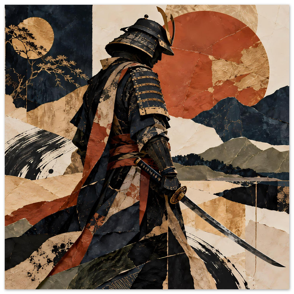 Poster im quadratischen Format mit Samurai-Silhouette, Schwert und Sonnenkreis im Kunststil