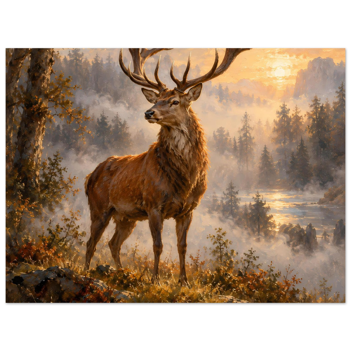 Poster mit Hirsch mit Geweih, braunes Fell, im Sonnenaufgang über nebligem Wald
