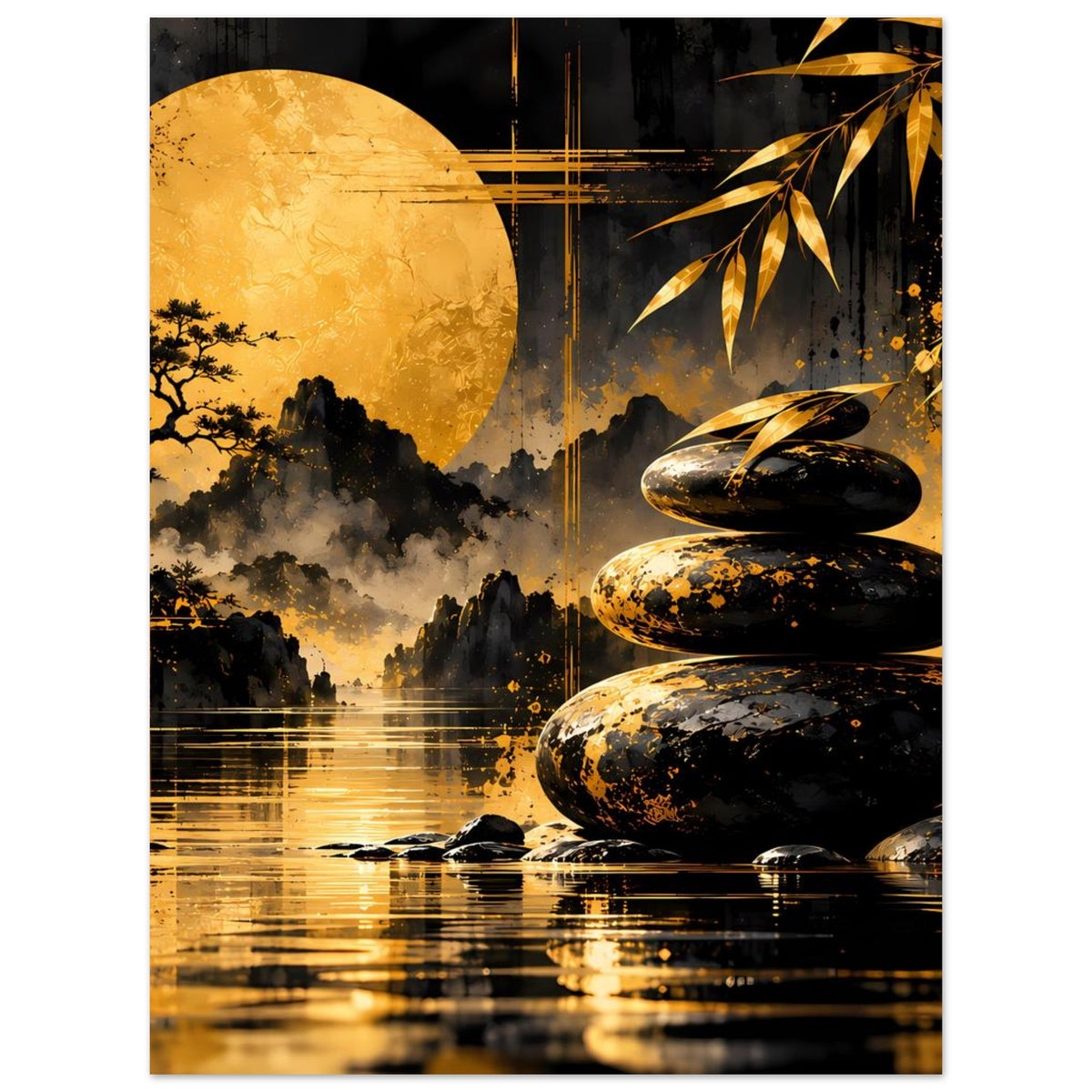 Vertikales Kunstposter mit goldener Sonne, schwarzen Steinen und Spiegelung im Wasser