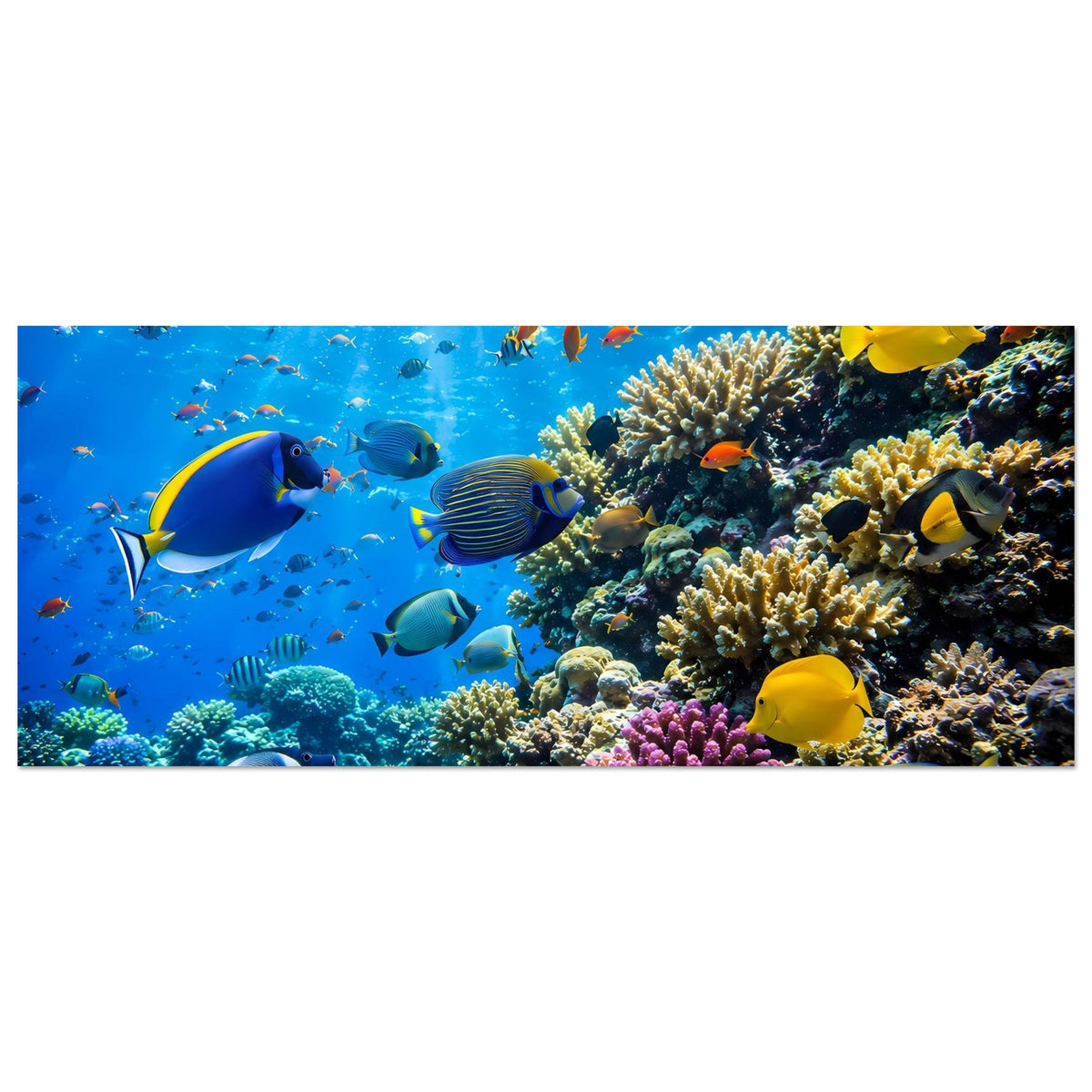 Korallenriff-Poster horizontal: gelbe Fische und Korallenriff im unteren Bildbereich