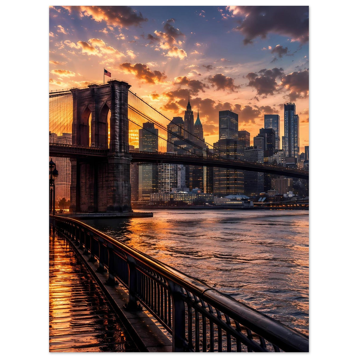 Poster: Brooklyn Bridge über dem Fluss mit Manhattan-Skyline im Sonnenuntergang
