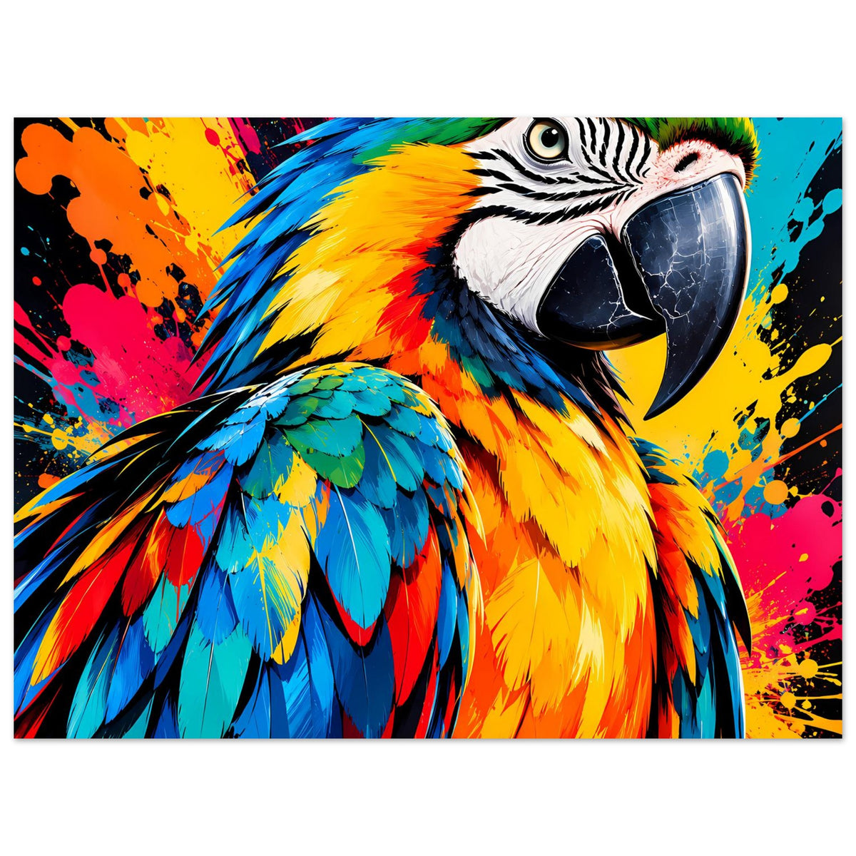 Kunstdruck-Poster Querformat: farbenprächtiger Papagei mit Spritzfarben