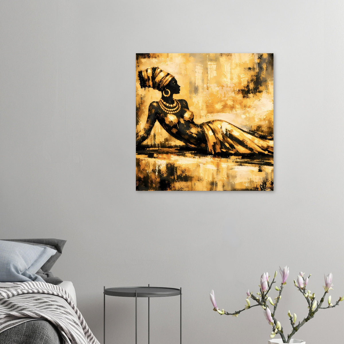 Kleines Wandposter im Querformat: sitzende Frau, Schwarz-Gold, abstrakte Malerei