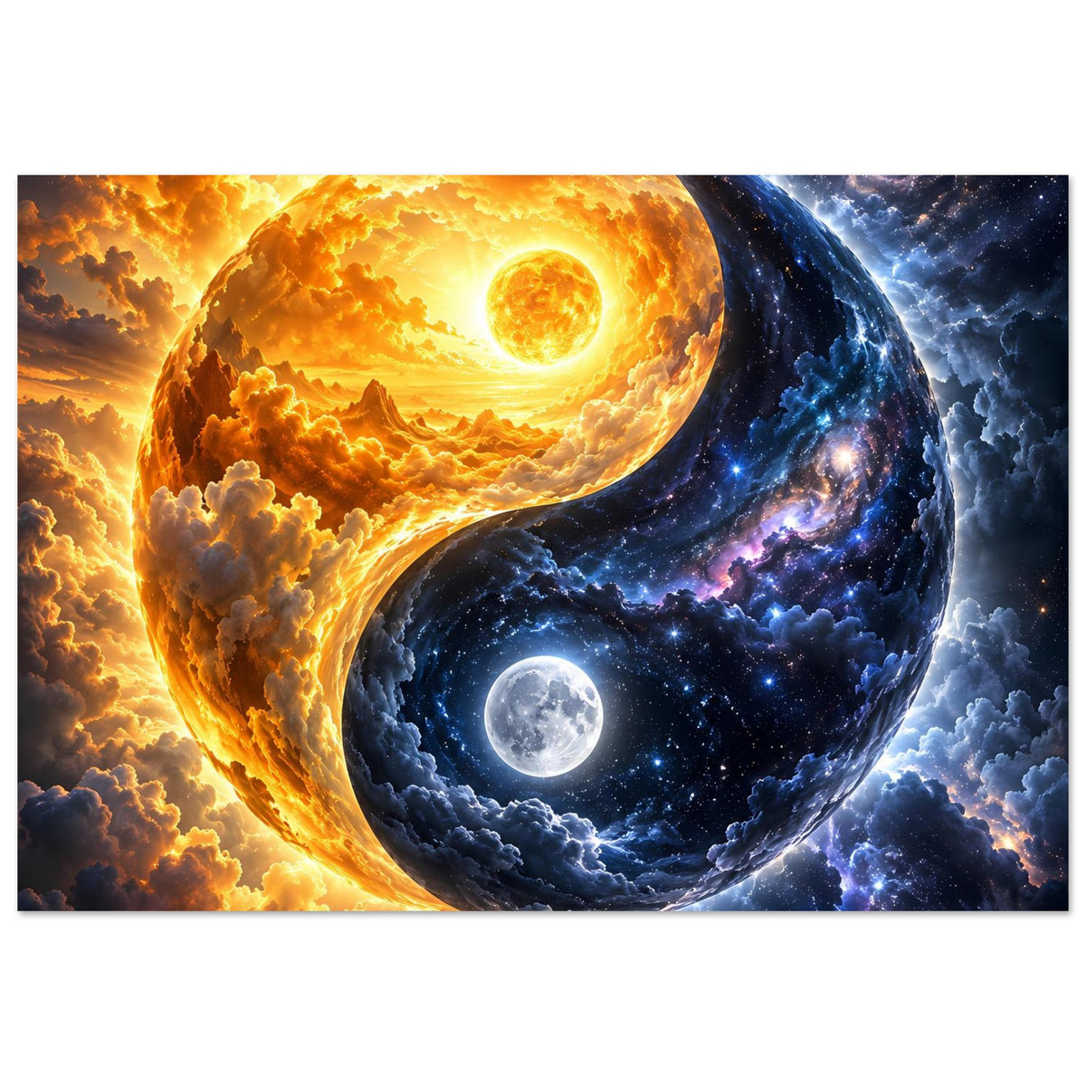 Kunstdruck im Querformat: Yin-Yang-Kosmos mit Sonne, Mond, Sternelementen und Wolkenformen