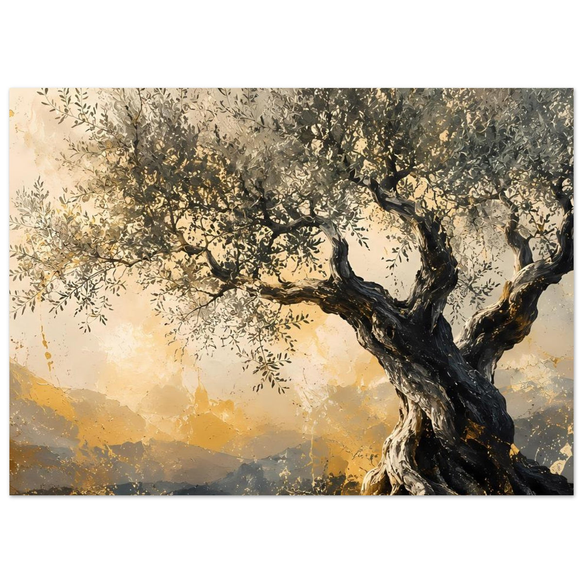 Nahansicht des Poster-Motivs: alter Olivenbaum mit dunklem Stamm und beiger Landschaft