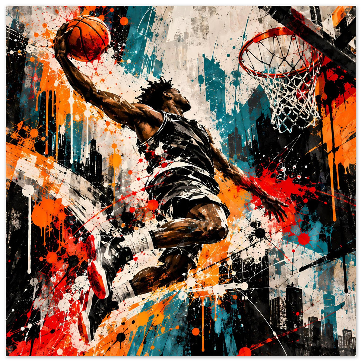 Basketball-Poster mit Spritzkunst-Spieler, Basketball und Korb, farbiger Farbexplosion