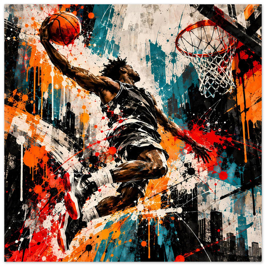 Basketball-Poster mit Spritzkunst-Spieler, Basketball und Korb, farbiger Farbexplosion