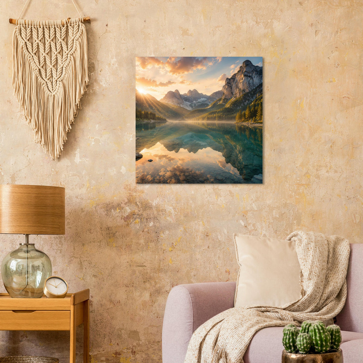 Wandposter mit Spiegelung im Bergsee und Sonnenaufgang, quadratischer Rahmen