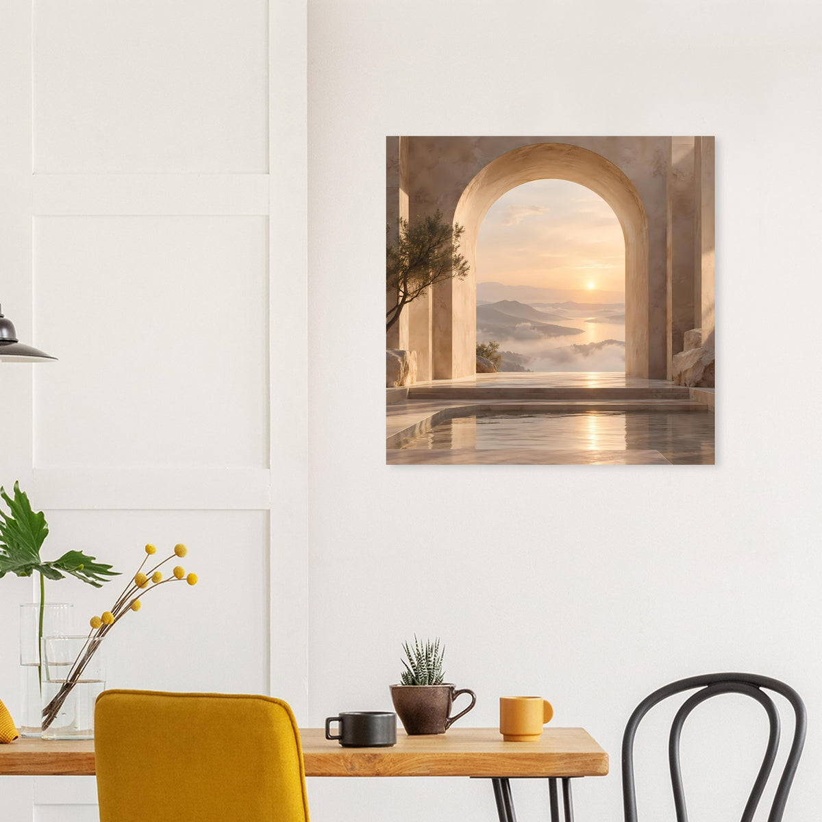 Wandposter mit Torbogen bei Sonnenaufgang über See
