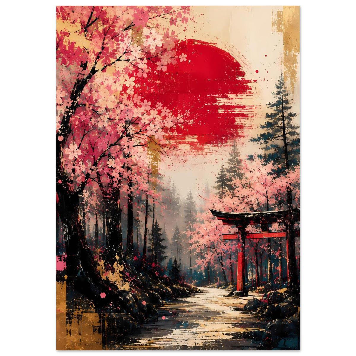 Poster mit Kirschblütenbaum, feinem Blütenregen und Torii am gepflasterten Weg