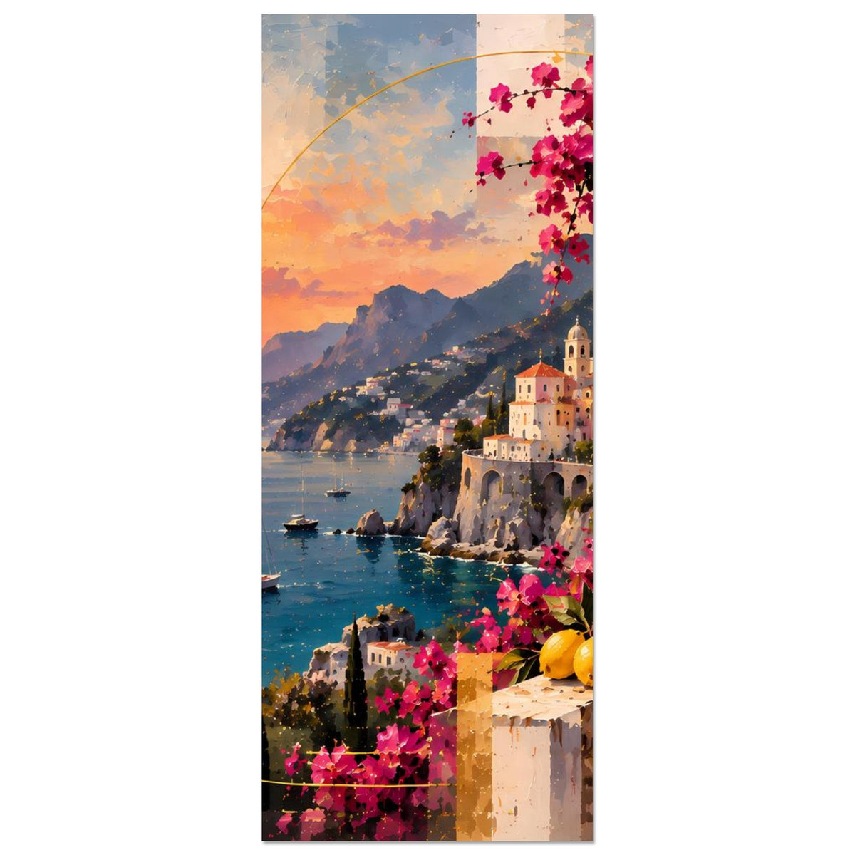 Vertikales Poster mit Klippenstadt, rosa Bougainvillea und gelben Früchten am Balkon