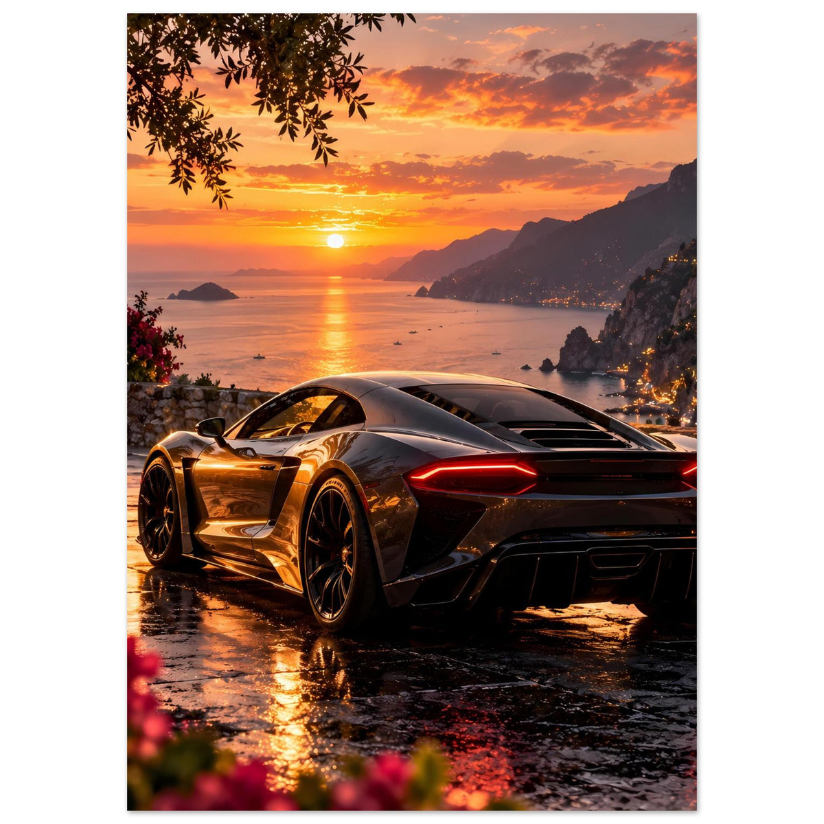 Poster mit silbernem Sportwagen, roten Rücklichtern und Sonnenuntergang über dem Meer