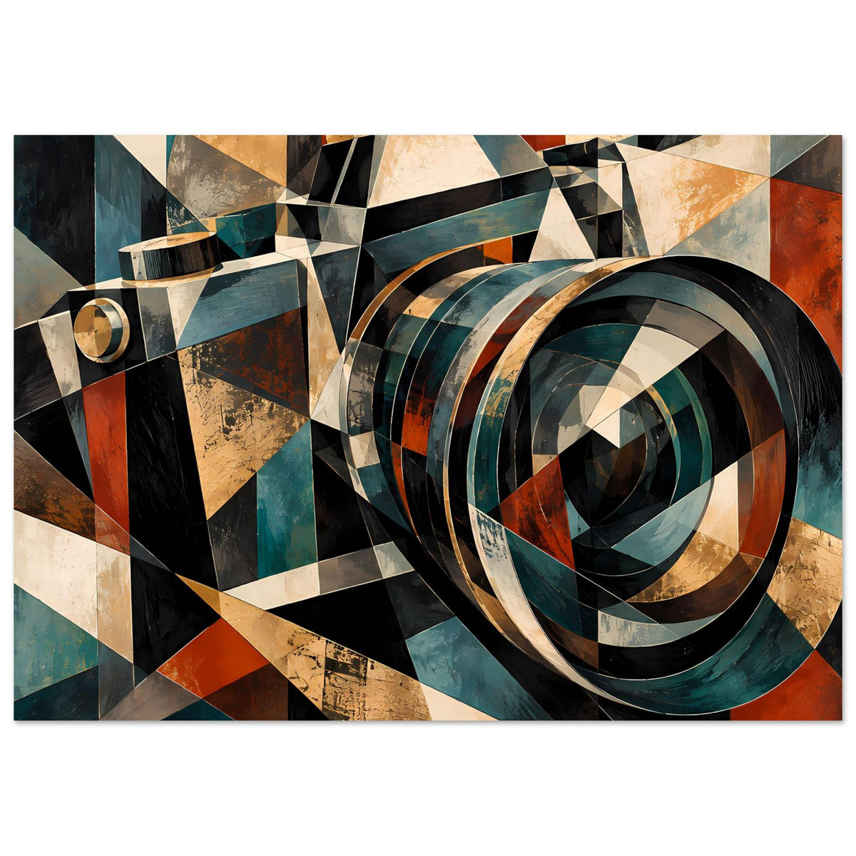Geometrisches Retro-Kamera-Poster, horizontale Ansicht mit Kreisring-Design und Goldakzenten