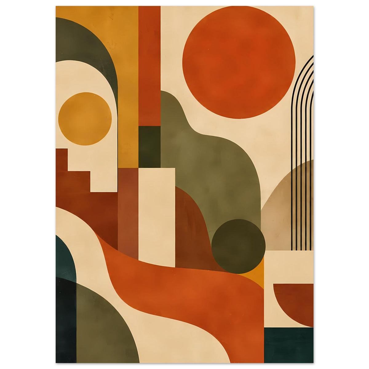 Abstraktes Poster mit roter Rundform oben, orange-weißen Flächen, dunkelgrünen Kreisen und Streifen.