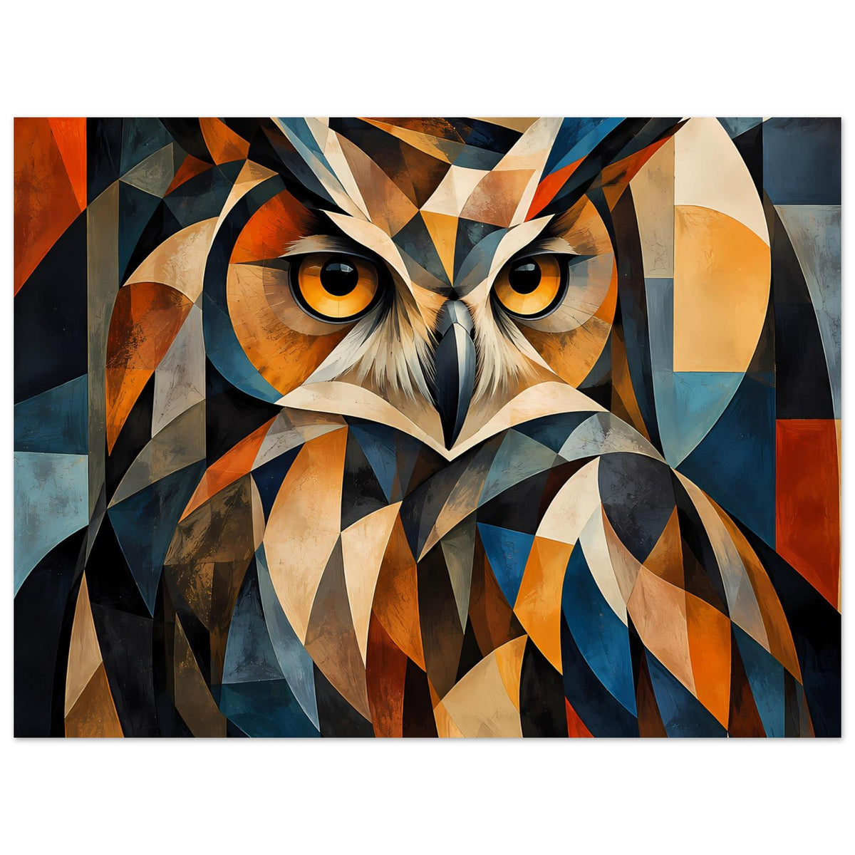 Geometrisches Eulenposter, Vogelkopf groß zugeschnitten, mehrfarbige abstrakte Muster