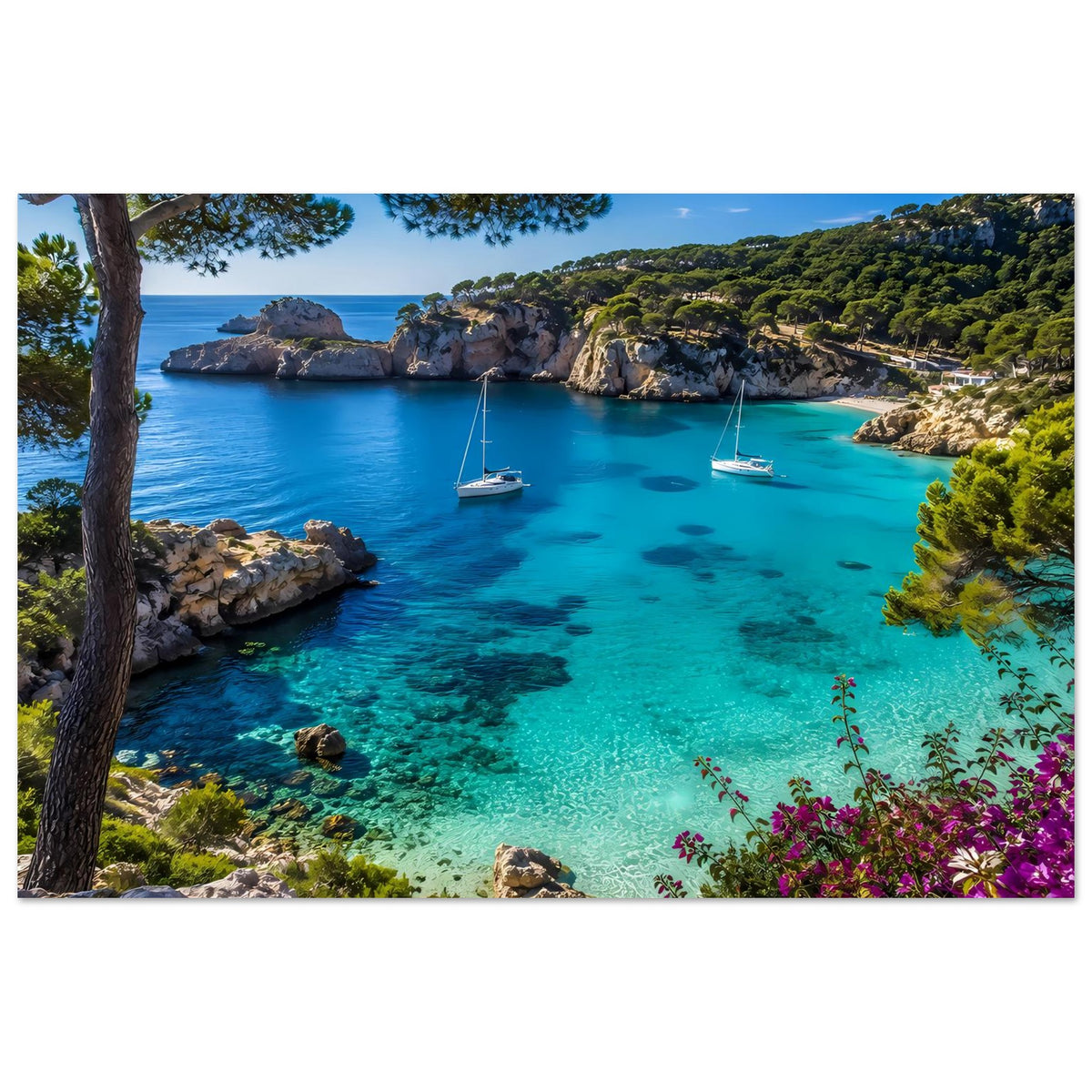 Mediterranes Küstenposter im Querformat: türkisfarbenes Wasser, Segelboote und Küstenfels