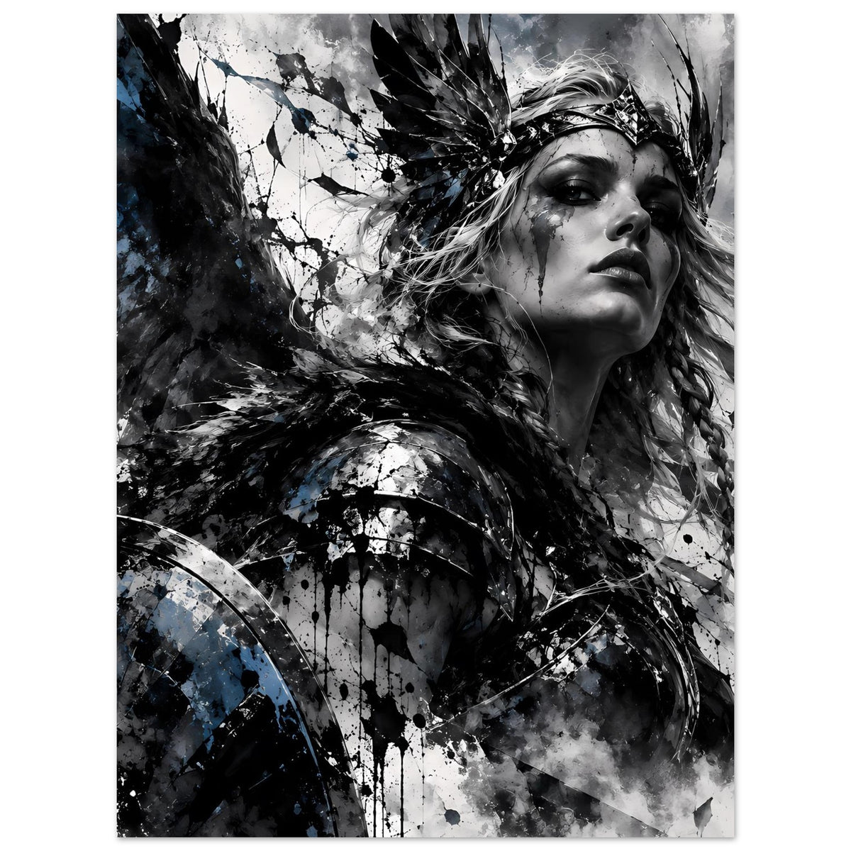 Poster: Wikingerkriegerin in Schwarz-Weiß mit blauen Akzenten, Fokus auf Gesicht und Haar