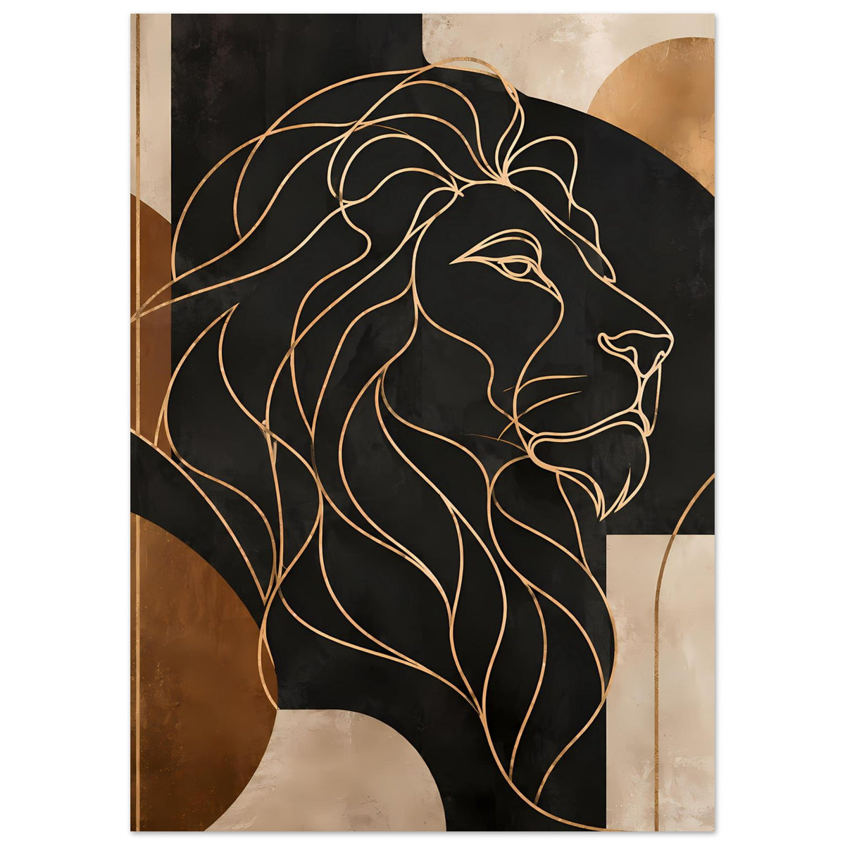 Poster mit geometrischem Löwenkopf, goldene Konturlinien auf schwarzer Fläche