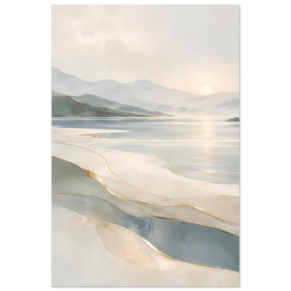 Hochformatiger Kunstdruck Küste mit Bergen im Hintergrund; Beige, Grau und goldene Akzentlinien