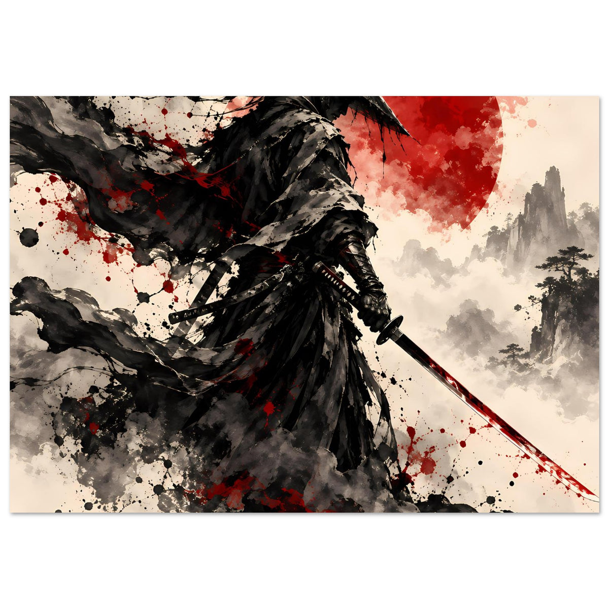 Samurai-Krieger-Poster im Querformat: schwarze Silhouette, roter Mond, Schwert mit Sprenkeln.
