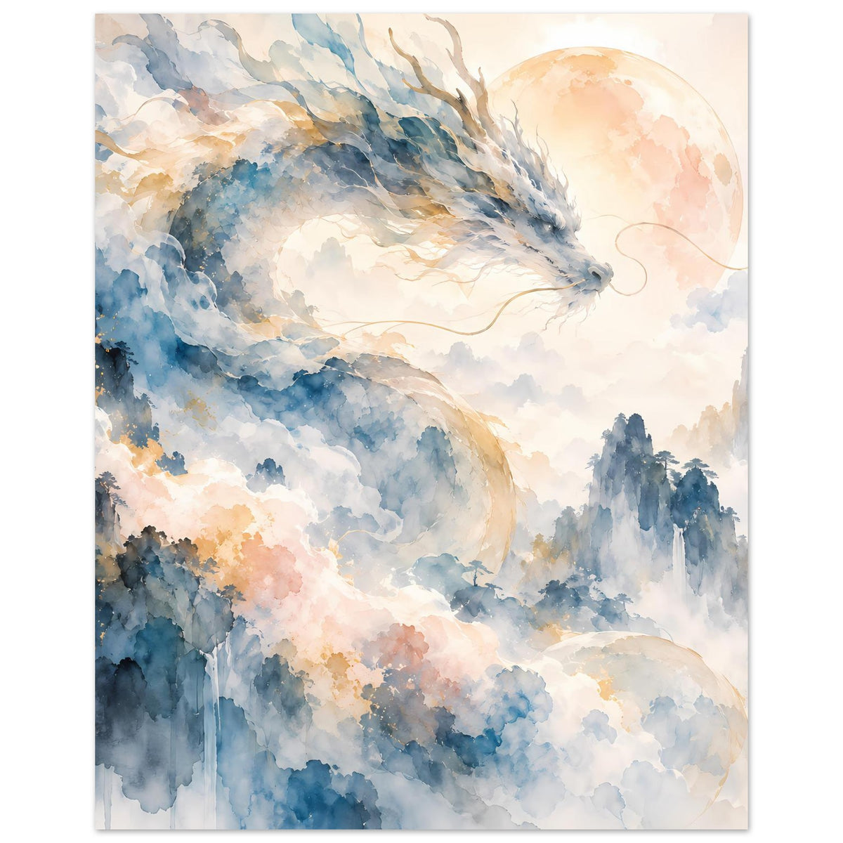 Fantasie-Aquarellposter im Hochformat: blauer Drache über nebligen Bergen