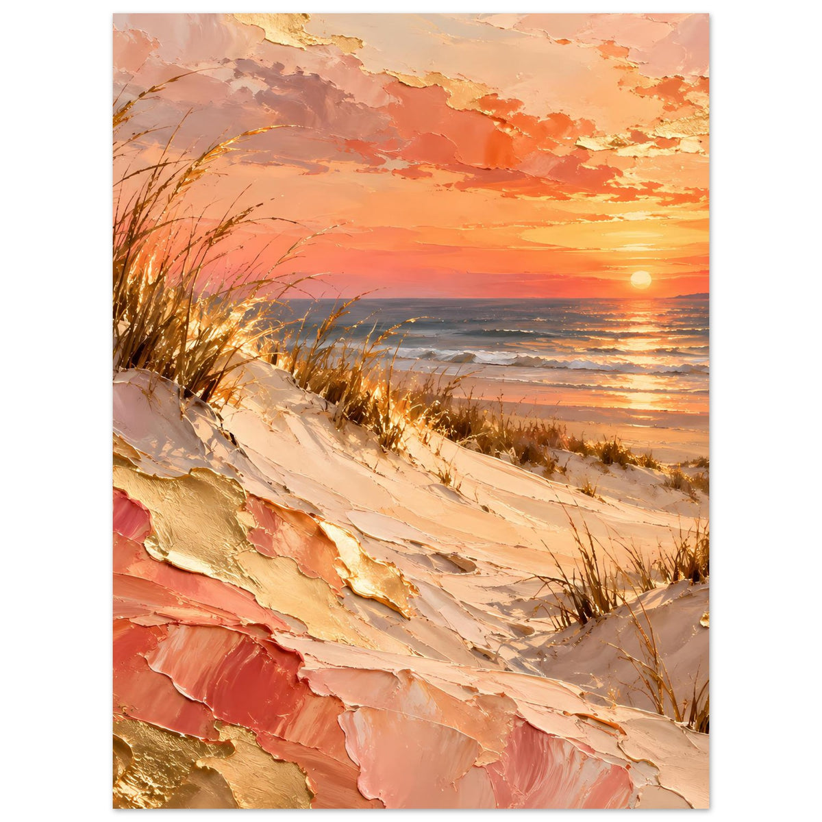 Vertikales Meerposter mit goldenen Wellenlinien und Strandgras vor Sonnenuntergang