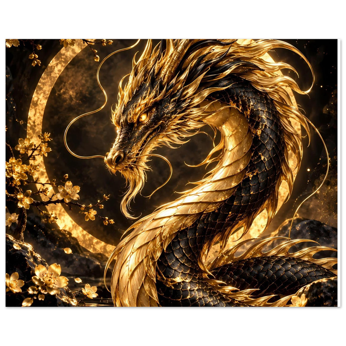 Drachenposter: goldener Drache mit langen Fängen, goldene Aura um Körper und Blüten am Rand