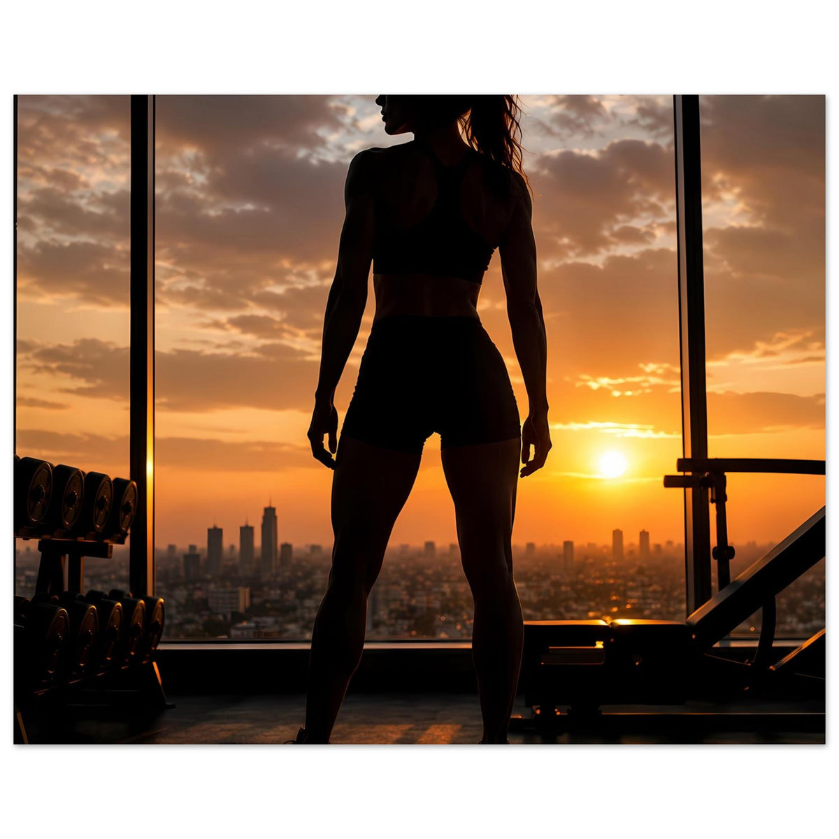 Fitness-Poster, quer: Frau in Sporttop und Shorts als dunkle Silhouette