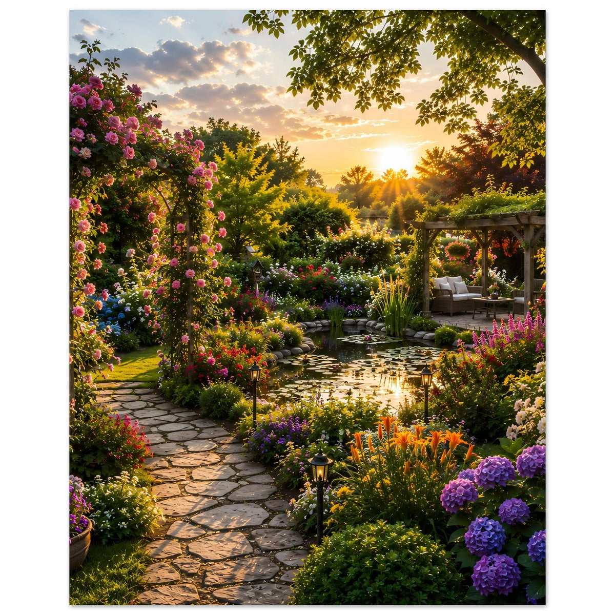 Hochformatiges Poster: blühender Gartenweg und Sonnenuntergang, gedruckt auf mattem Papier