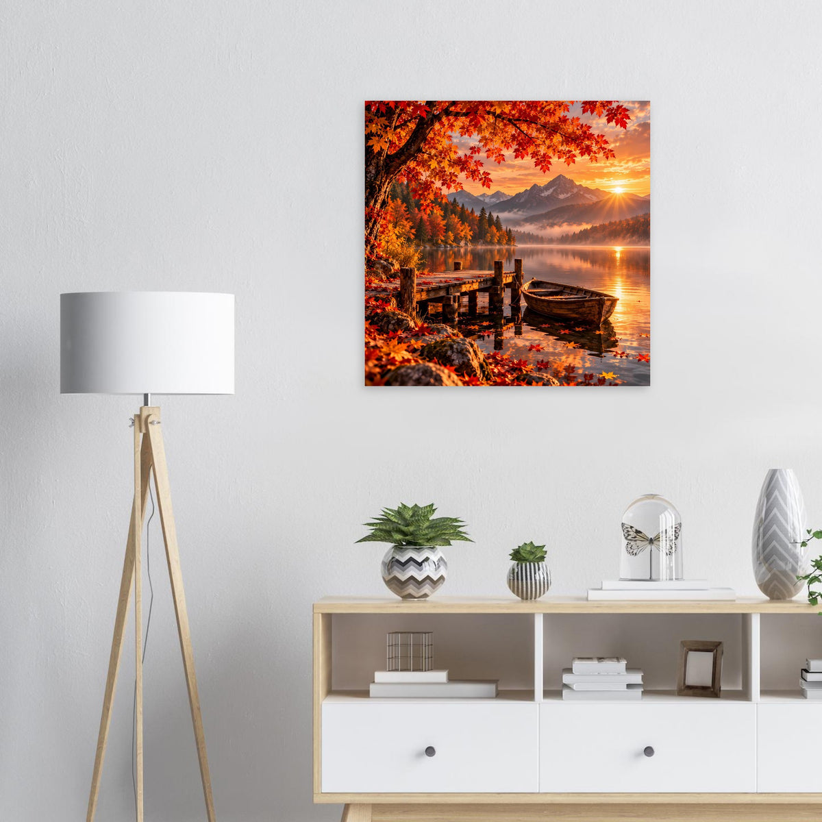 Herbstliches Landschaftsposter mit Sonnenuntergang, rotem Laub und Boot am Ufer
