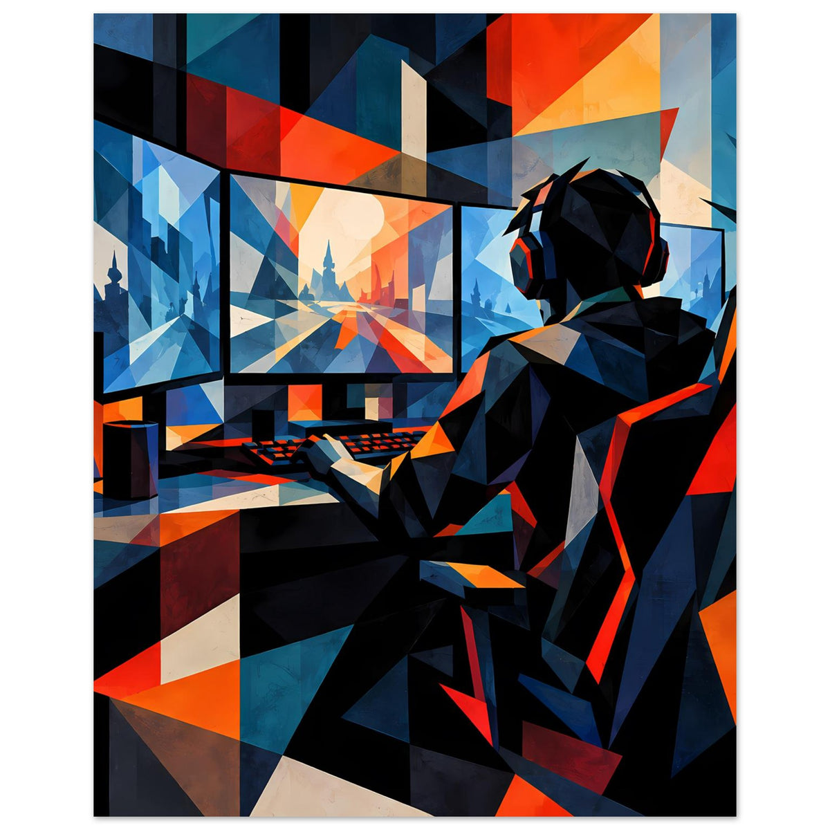 Gaming-Poster mit Spielerfigur und Headset; geometrische Vierecke in Blau, Orange und Rot.