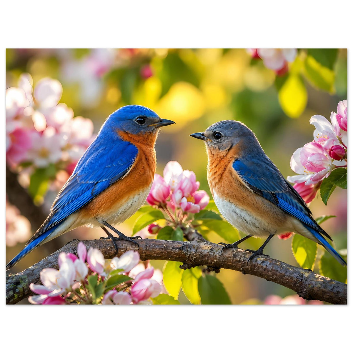 Poster mit zwei Blaumeisen auf waagerechtem Ast und rosa Blüten im Vordergrund