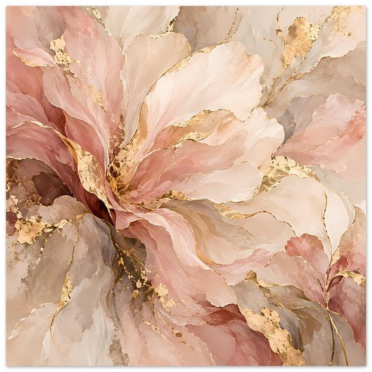 Abstraktes Blumenposter in Rosa, Beige und Gold, quadratisch