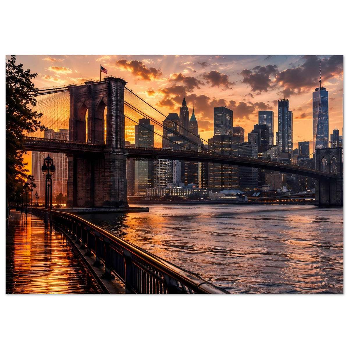 Poster mit Brooklyn Bridge, Blickrichtung entlang der Brücke zur Skyline