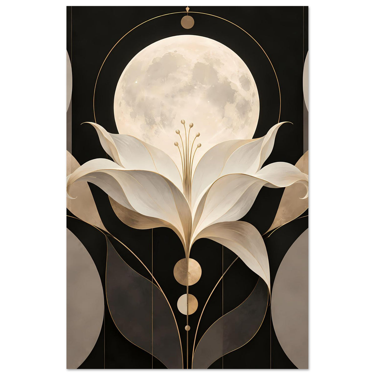 Art-déco-Poster mit Mond und cremefarbener Lilie in Gold