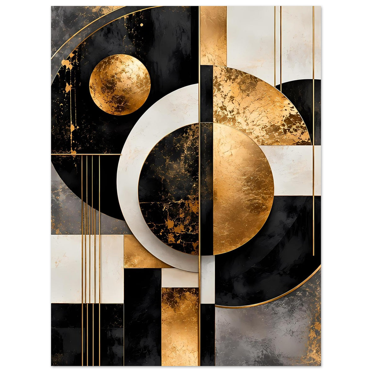 Poster mit goldener Kugel und Kreisring-Grafik, Schwarz-Creme und goldenen Akzenten