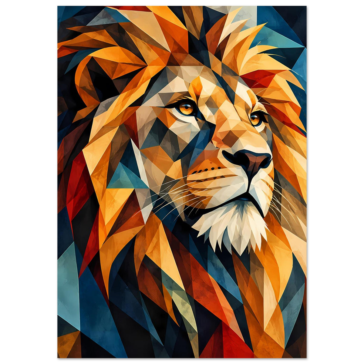 Geometrisches Löwenposter im Hochformat, Löwenkopf mit warmen Orangen und kühlen Blautönen