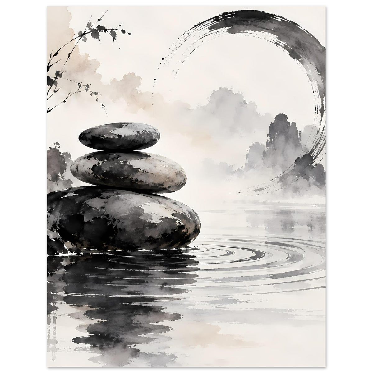 Schwarz-weißes Zen-Poster mit drei aufgestapelten Steinen, Wasserrändern und Wolkenakzenten.