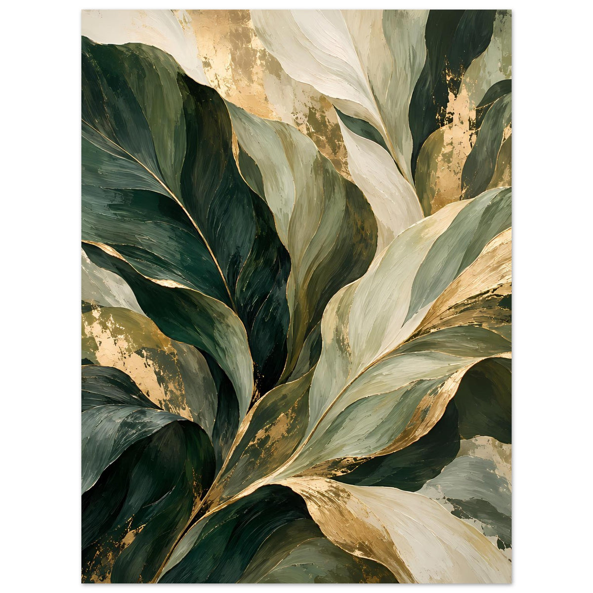 Botanik-Poster mit Blatt-Illustration in Dunkelgrün, Creme und Gold, hochkant