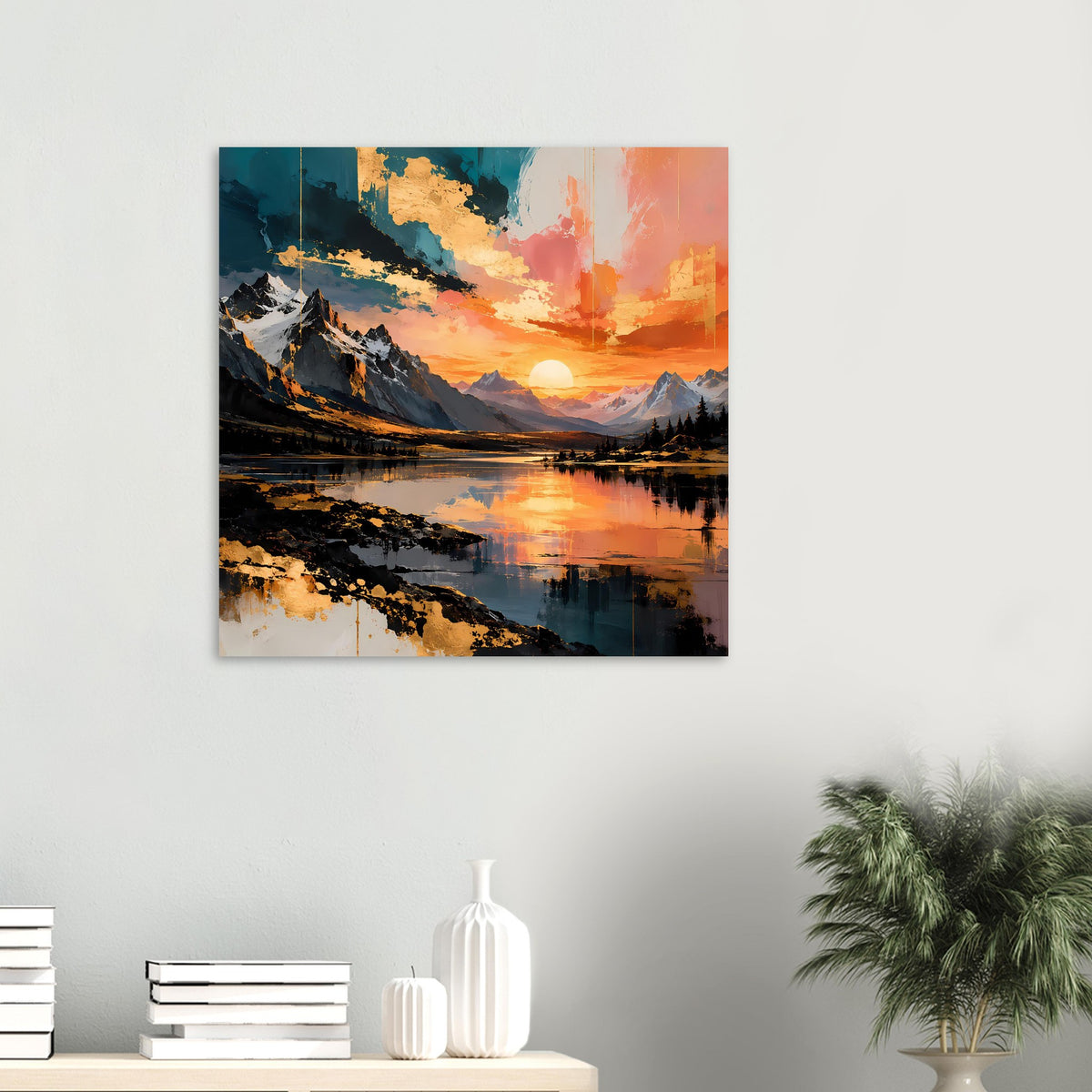 Kleines Querformat-Poster: Berge, ruhiger See und orangefarbener Sonnenuntergang