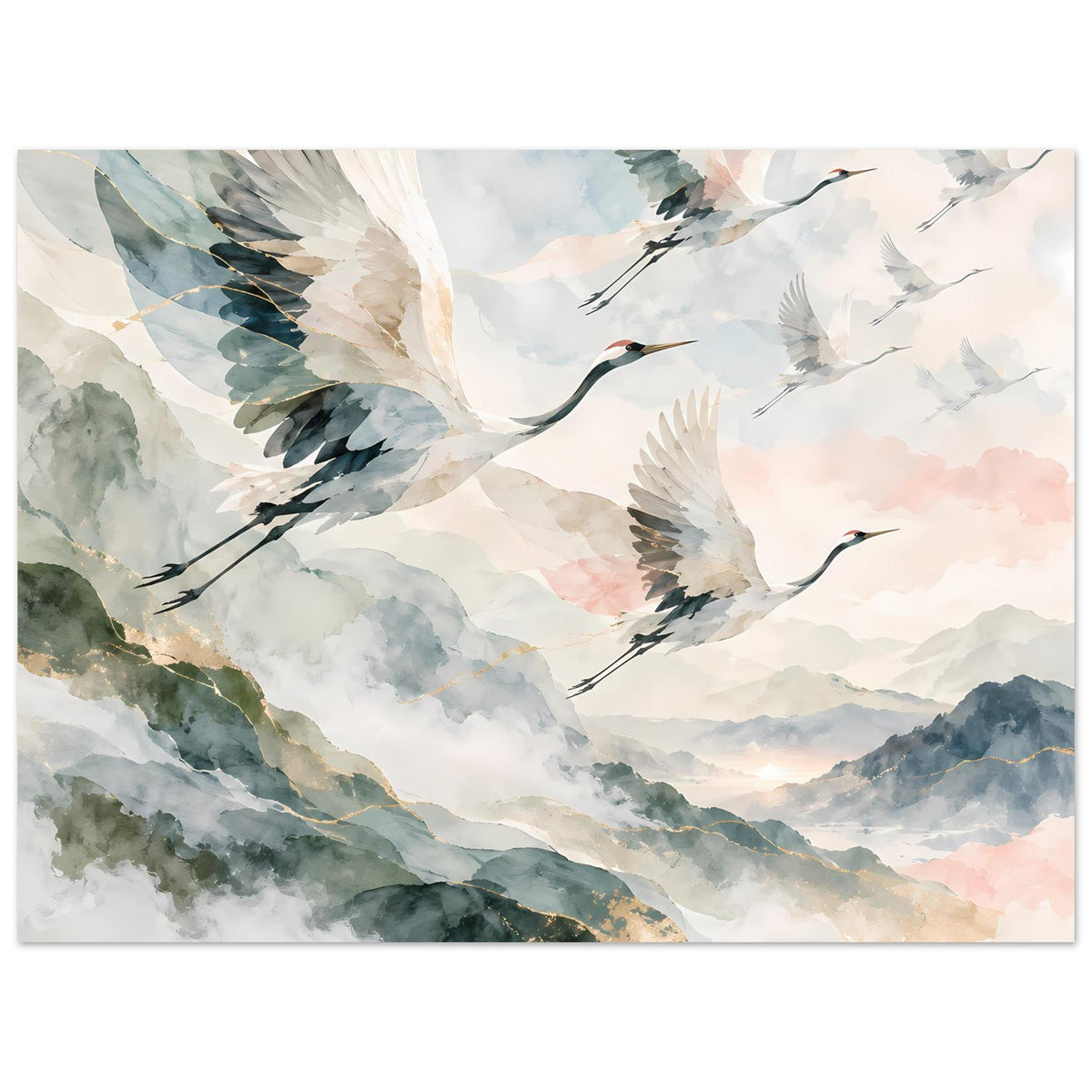 Poster mit fliegenden Kranichen, aquarellierte Berge und Wolken, goldfarbene Akzente