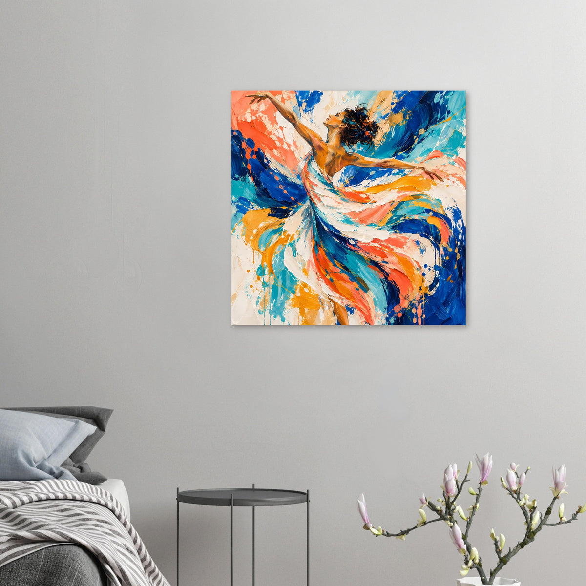 Kunstdruck-Poster klein: abstrakte Tänzerin in Blau- und Orangetönen, Pinselstriche, Querformat.