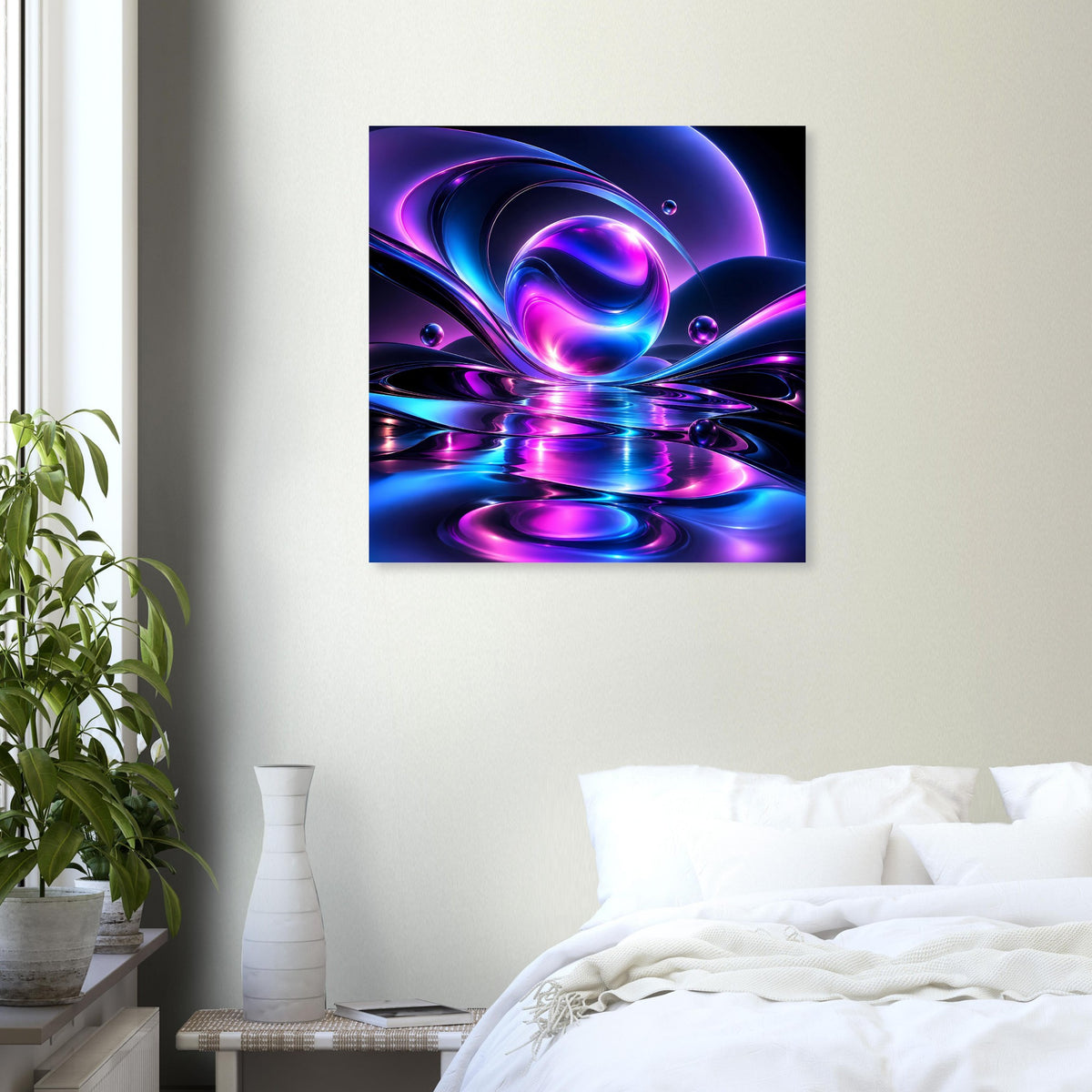 Quadratisches Neonlicht-Poster mit fließenden Blau-Violett-Formen und spiegelnden Lichteffekten