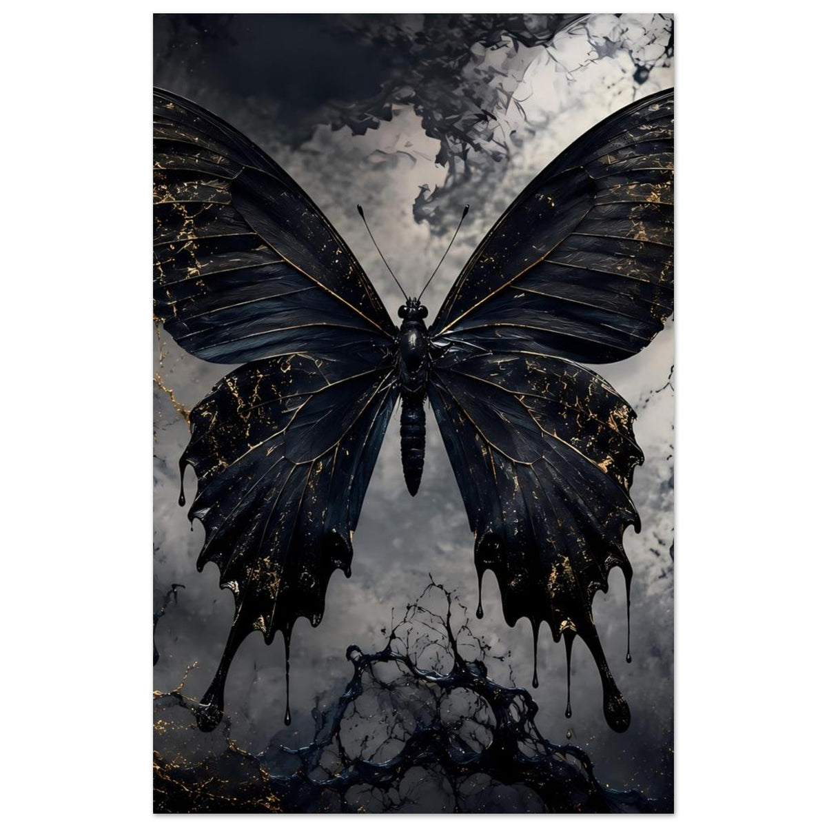 Poster mit mittig platziertem schwarzem Schmetterling und goldenen Adern, nach oben fokussiert