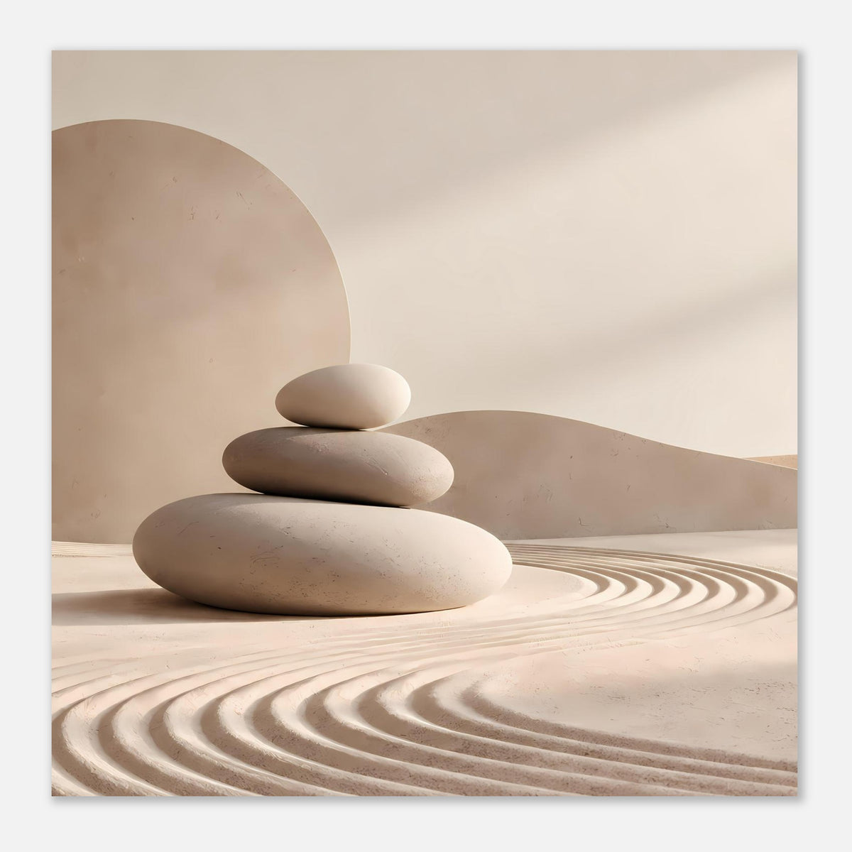 Horizontales Poster mit Zen-Steinen und kreisförmigen Rillen im Sandboden