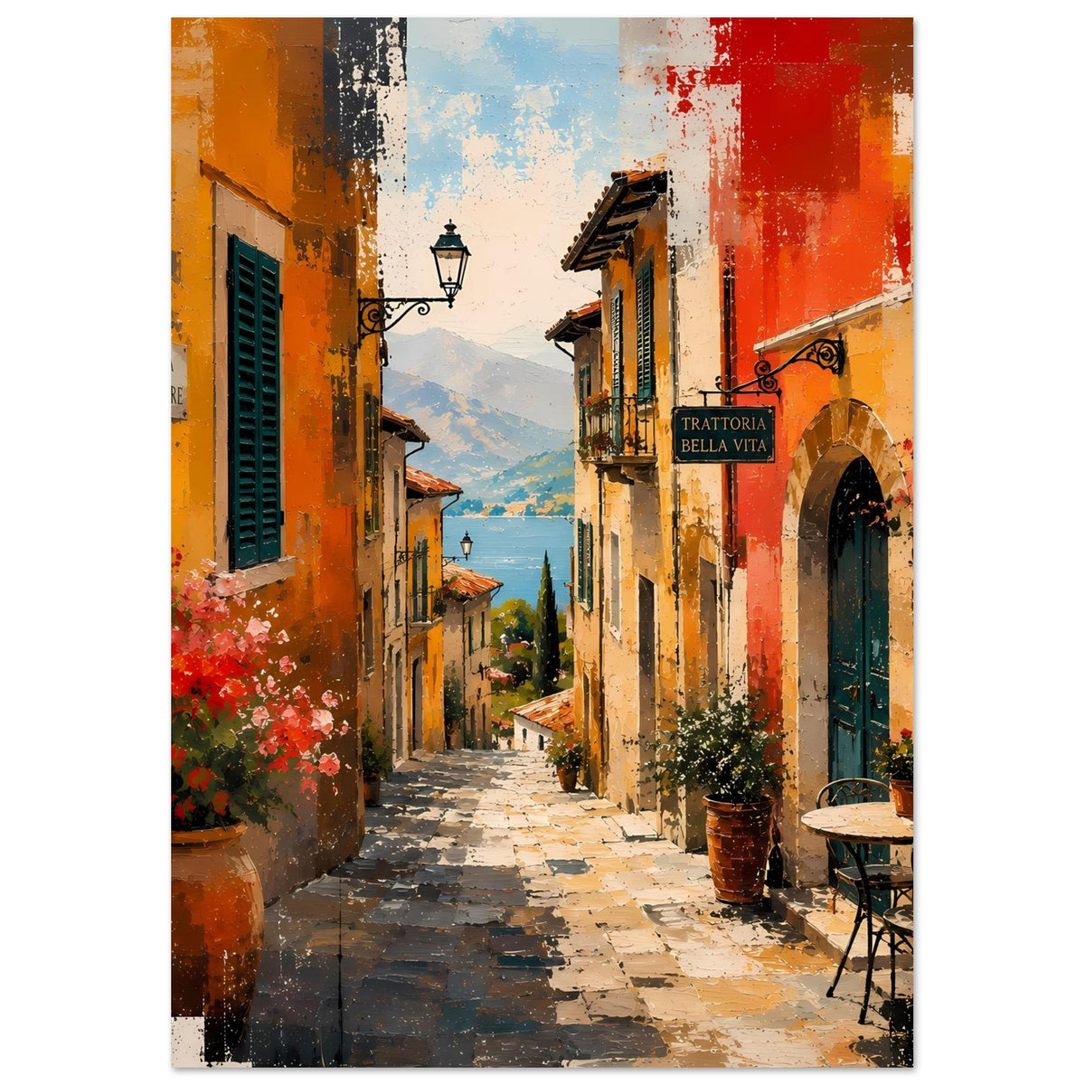 Wandposter mit Gasse zwischen farbigen Häusern, roten und gelben Wänden, Laterne und Blumen